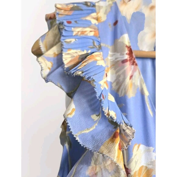 Paige Barbarella Silk Dress Women's XS Blue Floral Tiered Ruffle Sleeves NWT - Picture 5 of 13